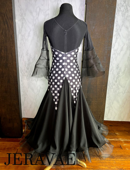 Black Ballroom Practice Dress with White Polka Dots, Illusion Neckline, and Flared Crinoline Sleeves and Skirt Hem PRA 1005 in Stock