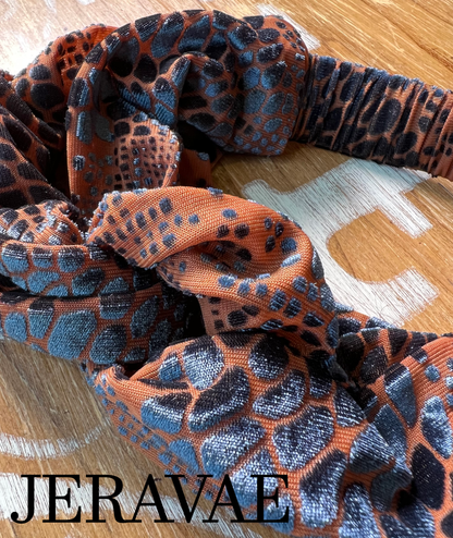 Soft Mesh Twisted Headband with Blue Leopard Print Velvet and Elastic PRA 1032 in Stock