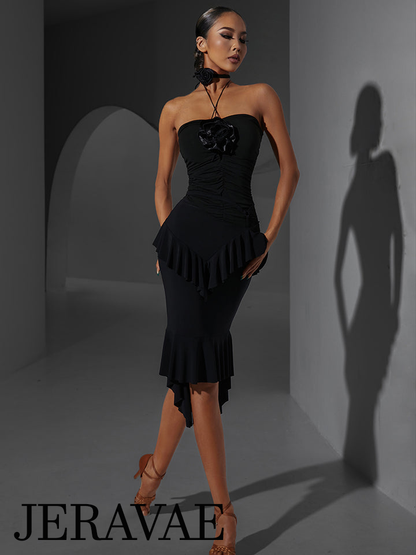 ZYM Dance Style Ruffled Black Latin Practice Skirt with Asymmetrical Hem PRA 1019 in Stock