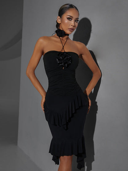 ZYM Dance Style Ruffled Black Latin Practice Skirt with Asymmetrical Hem PRA 1019 in Stock