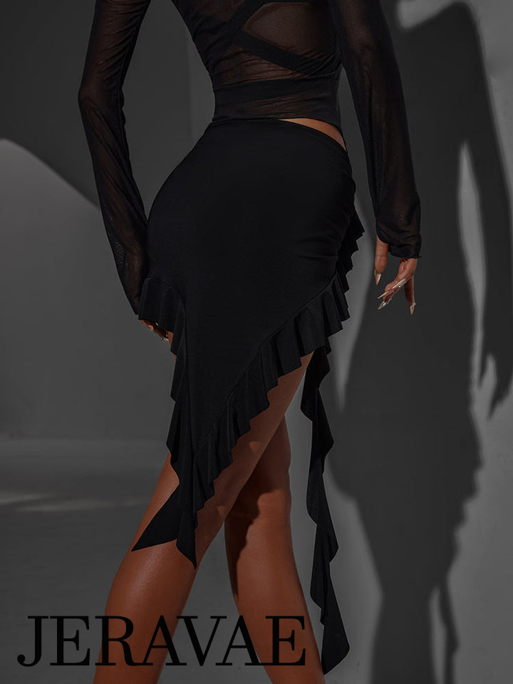 ZYM Dance Style Ruffled Black Latin Practice Skirt with Asymmetrical Hem PRA 1027 in Stock