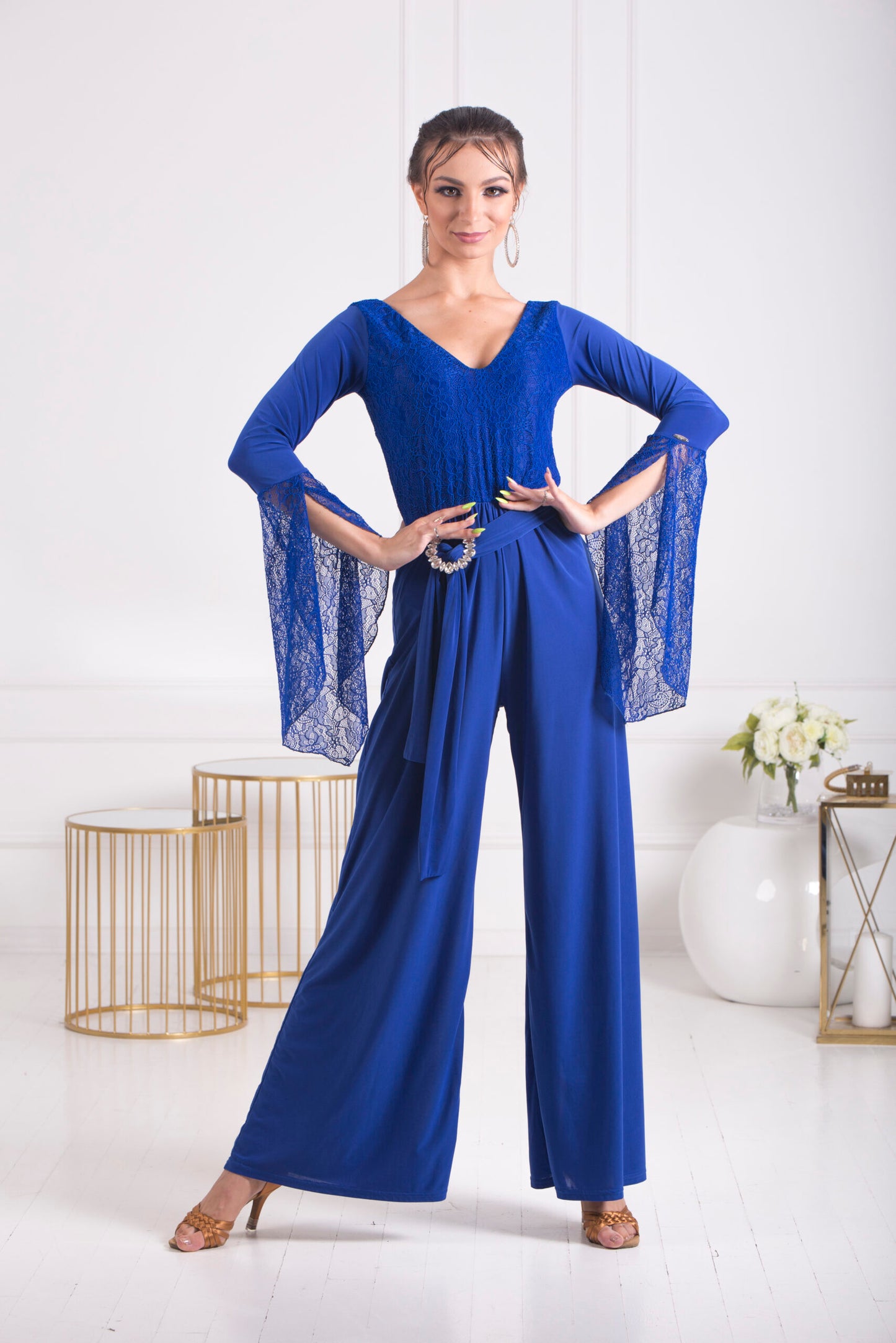 Senga Dancewear BLUET Jumpsuit with Wide Legs, Lace Sleeves, and Belt with Elegant Buckle PRA 1069 in Stock