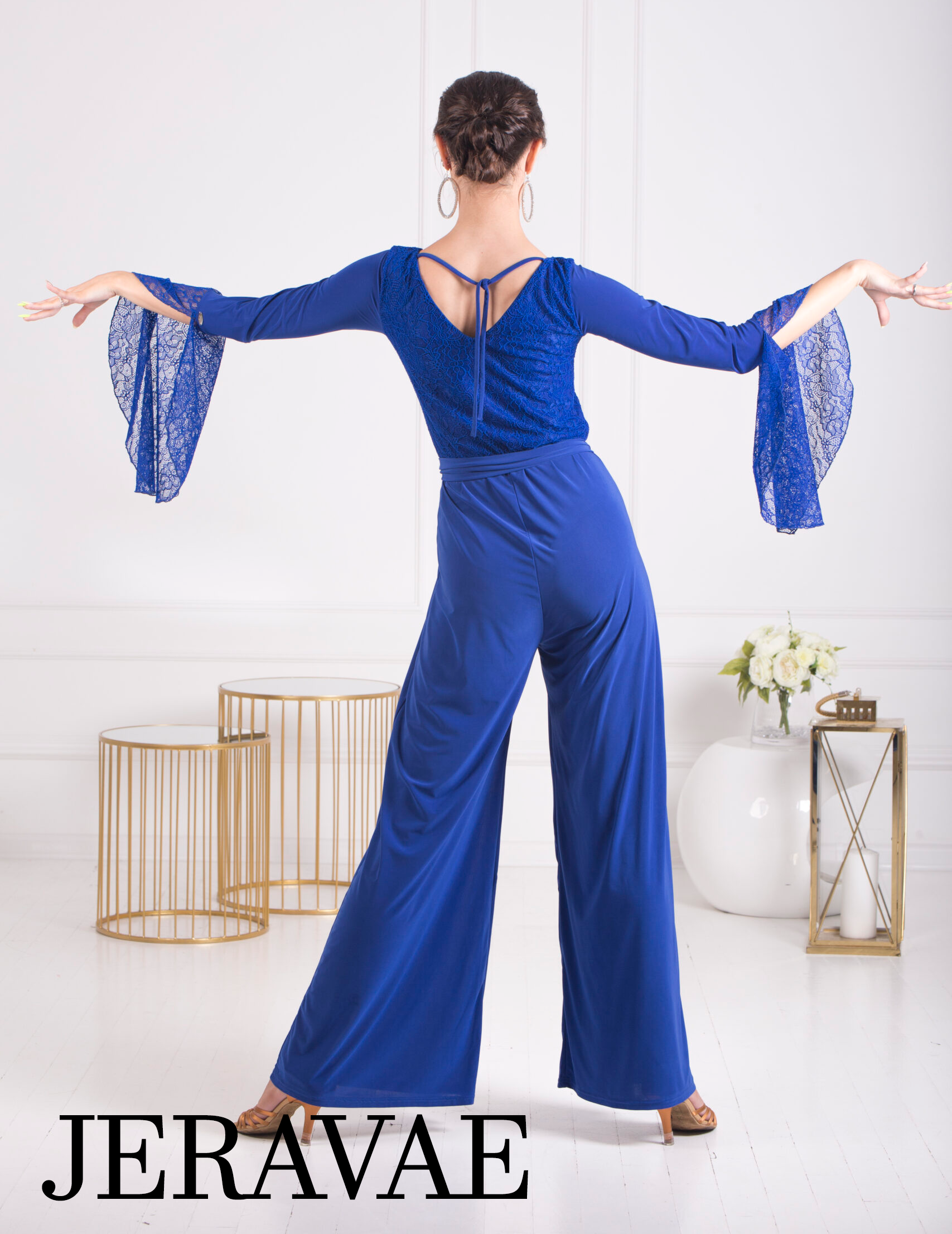 Back of women's blue jumpsuit with wide legs