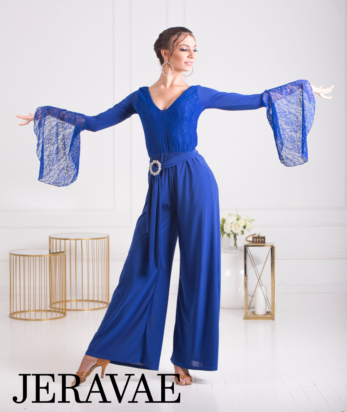 Body Positive Senga Dancewear BLUET Jumpsuit with Wide Legs, Lace Sleeves, and Belt with Elegant Buckle Sizes XL-4XL PRA 1069 in Stock