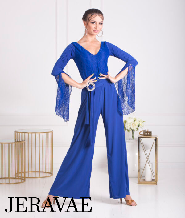 Senga Dancewear BLUET Jumpsuit with Wide Legs, Lace Sleeves, and Belt with Elegant Buckle PRA 1069 in Stock