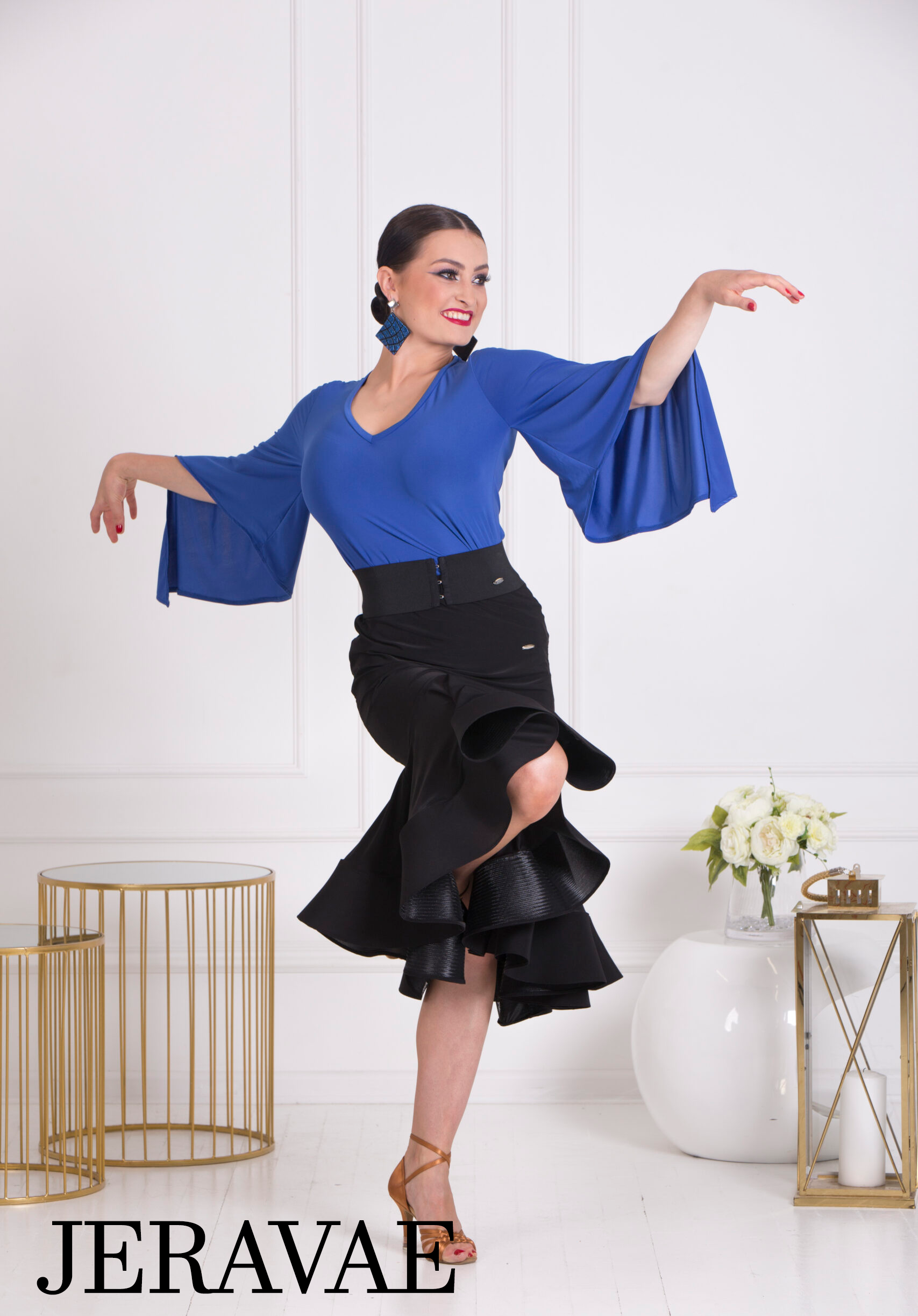 Blue top and black skirt for women's Latin dance
