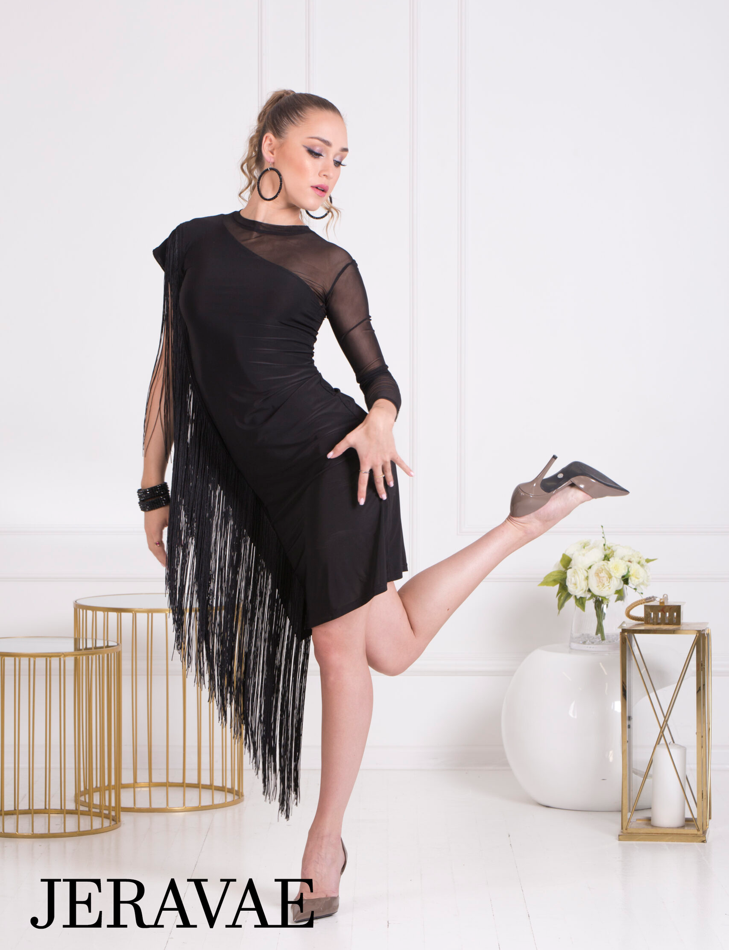 Senga Dancewear DAISY Black Latin Practice Dress with Long Fringe and One Mesh Sleeve PRA 1068 in Stock