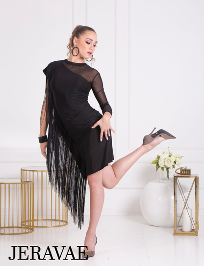 Body Positive Senga Dancewear DAISY Black Latin Practice Dress with Long Fringe and One Mesh Sleeve Sizes XL-4XL PRA 1068 in Stock
