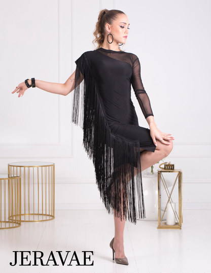 Senga Dancewear DAISY Black Latin Practice Dress with Long Fringe and One Mesh Sleeve PRA 1068 in Stock