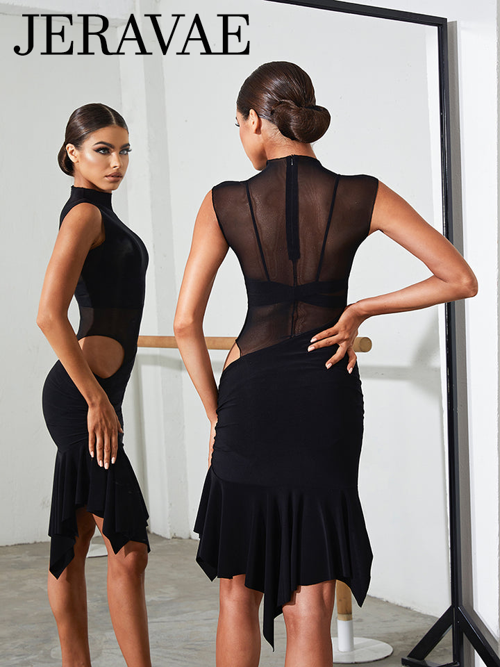 ZYM Dance Style Black Latin Practice Dress with Transparent Mesh Top and Cut Out Side Detail PRA 1025 in Stock