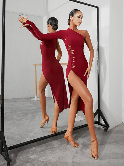 ZYM Dance Style Latin Practice Dress with One Long Sleeve, Handwoven Front Cutout, and High Slit PRA 1020 in Stock