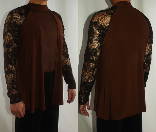 Men's Tuck Out Latin Dance Shirt with Mesh Front and Lace Sleeves in Brown or Black M095 in Stock