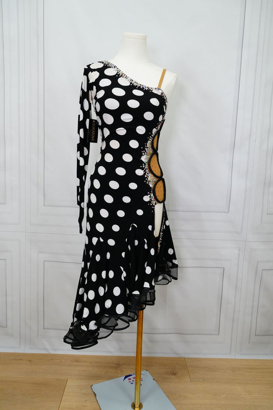Black and White Polka Dot Latin Dress with One Long Sleeve, Swarovski Stones, Asymmetrical Neckline, Slit in Skirt, and Circle Design on Side Sz S Lat201