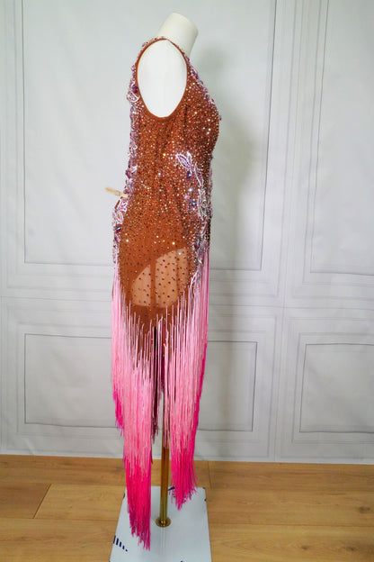 Resale Artistry in Motion Sleeveless Nude Latin Dress with Asymmetrical Pink Fringe Skirt and White Lace Appliqué Sz 2XL Lat236