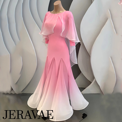 Pink to White Ombré Ballroom Practice Dress with 3/4 Length Sleeves, Capelet, and Ribbon Tie on Back PRA 1016 in Stock