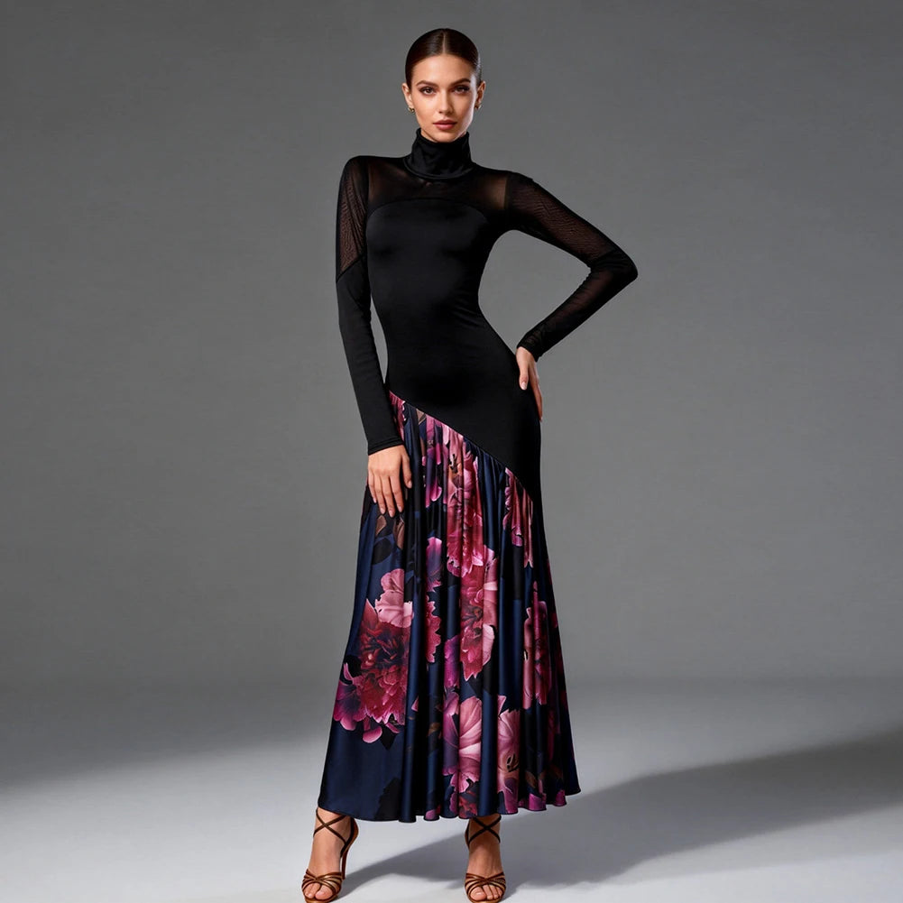JERAVAE Amira Floral Ballroom Practice Dress with Long Sleeves