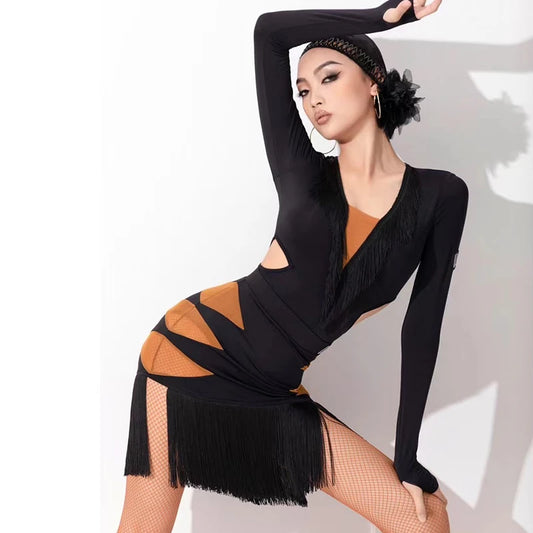 Latin Dance Black Long-Sleeved Bodysuit and/or Tassel Skirt Pra 1438