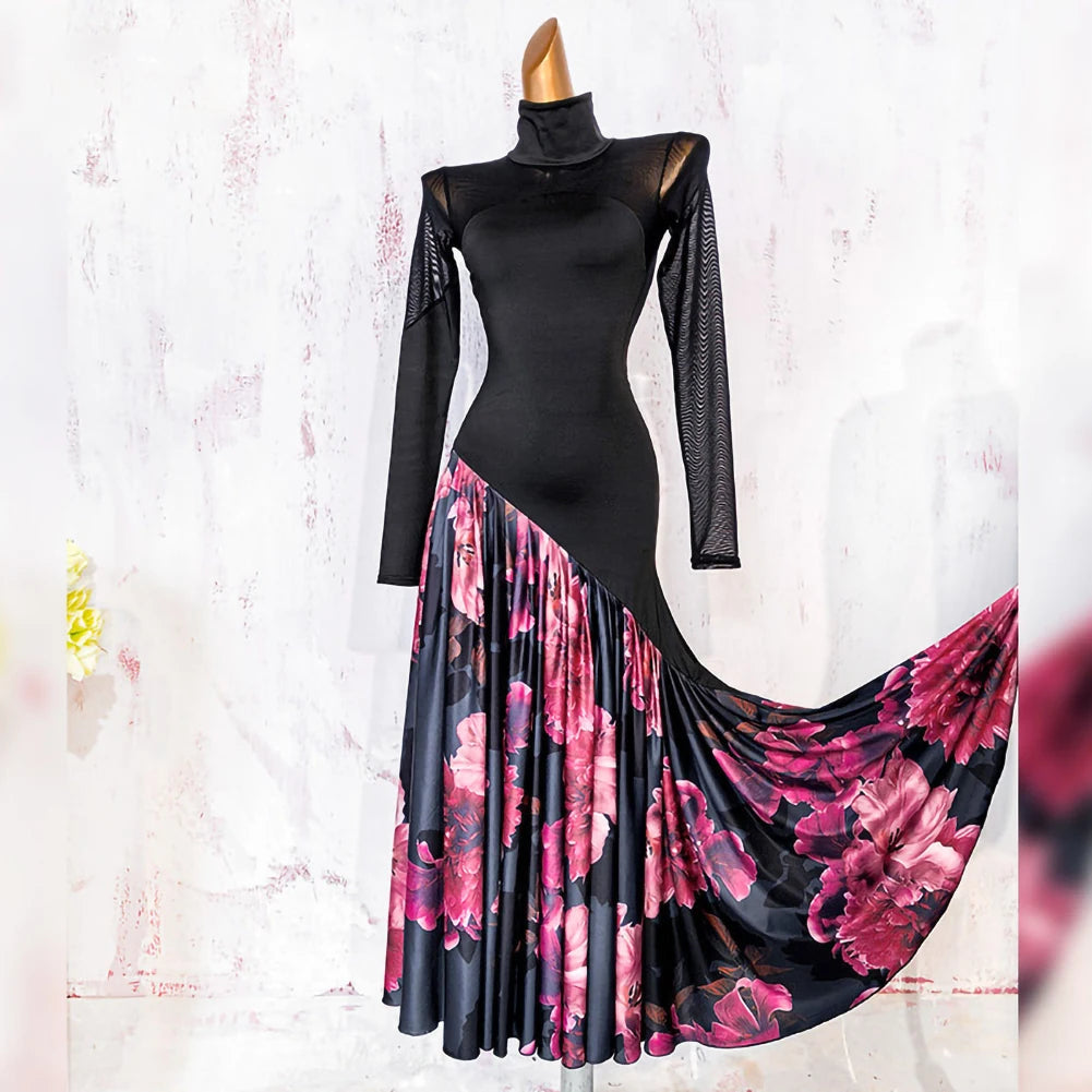 JERAVAE Amira Floral Ballroom Practice Dress with Long Sleeves
