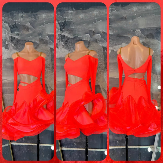 Ladies Latin Dress with Long Sleeves and Ruffle Hem Pra 1392