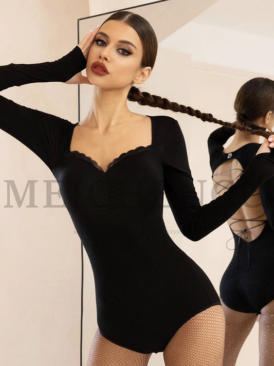 Latin Bodysuit with Lace and Sweetheart Neckline Pra 1435