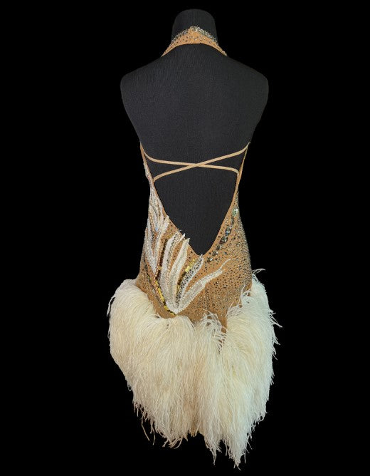 Resale Artistry in Motion Sleeveless Tan Latin Dress with Lace Appliqué, Cream Feathers, and Open Back Sz M Lat223