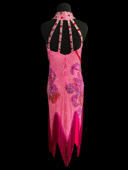 Resale Artistry in Motion Sleeveless Pink Latin Dress with Fuchsia Net and Fringe Skirt Sz M Lat224