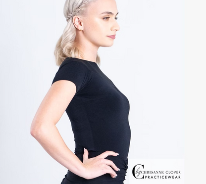 Chrisanne Clover Gemini Short Sleeve Black Practice Top with Illusion Neckline PRA 1049 in Stock