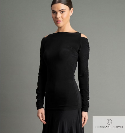Chrisanne Clover Olivia Black Cold Shoulder Practice Top with Rouching, Adjustable Ties, and Keyhole Back PRA 1051 in Stock