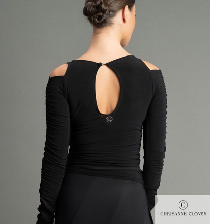 Chrisanne Clover Olivia Black Cold Shoulder Practice Top with Rouching, Adjustable Ties, and Keyhole Back PRA 1051 in Stock
