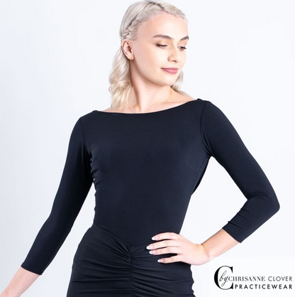Chrisanne Clover Bellatrix Black Ballroom Practice Top with Cowl Back and 3/4 Length Sleeves PRA 1056 in Stock