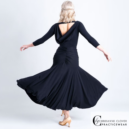 Chrisanne Clover Bellatrix Black Ballroom Practice Top with Cowl Back and 3/4 Length Sleeves PRA 1056 in Stock