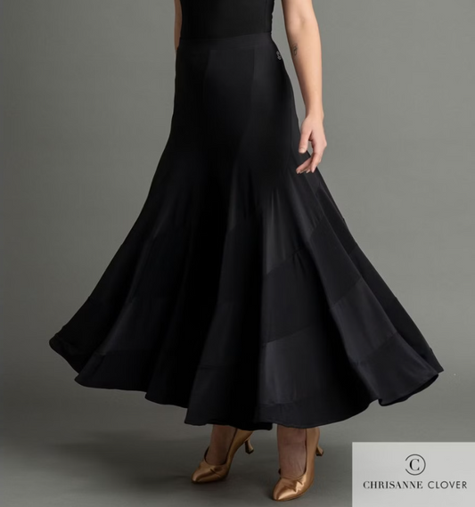Chrisanne Clover Luna Long Black Ballroom Practice Skirt with Spiral Panels PRA 1057 in Stock