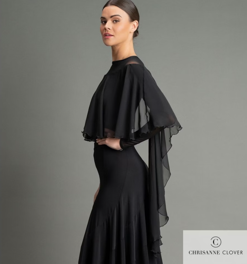 Chrisanne Clover Isla Long Sleeve Black Ballroom Practice Top with Georgette Cape and Stretch Net Flowing Features PRA 1058 in Stock