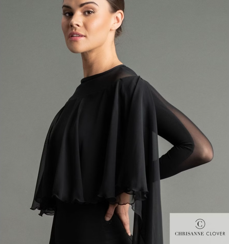 Chrisanne Clover Isla Long Sleeve Black Ballroom Practice Top with Georgette Cape and Stretch Net Flowing Features PRA 1058 in Stock