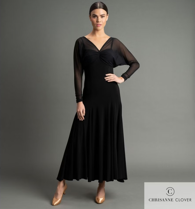 Ladies' black ballroom dress with stretch net top