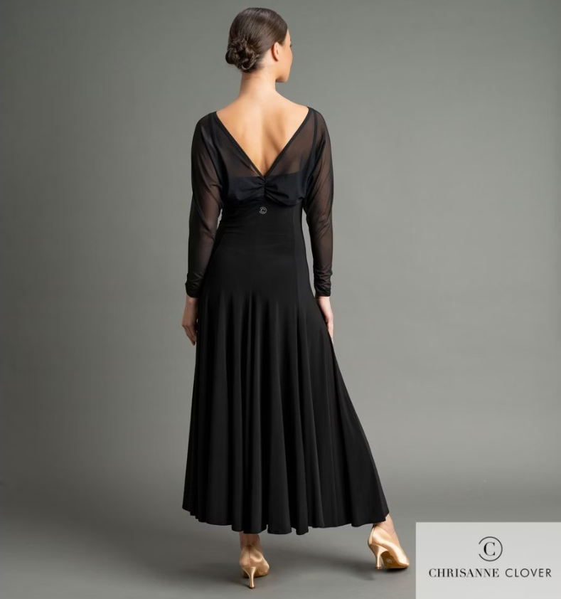 Back view of women's black ballroom dress with V-neck