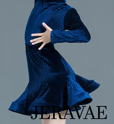 Girl's Blue Two Piece Practice or Competition Ribbed Velvet Latin Skirt and Long Sleeve Bodysuit You036 in Stock