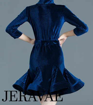 Girl's Blue Two Piece Practice or Competition Ribbed Velvet Latin Skirt and Long Sleeve Bodysuit You036 in Stock