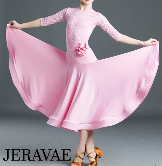 Girl's Pink Two Piece Practice or Competition Half Sleeve Lace Bodysuit and Ballroom Skirt You037 in Stock
