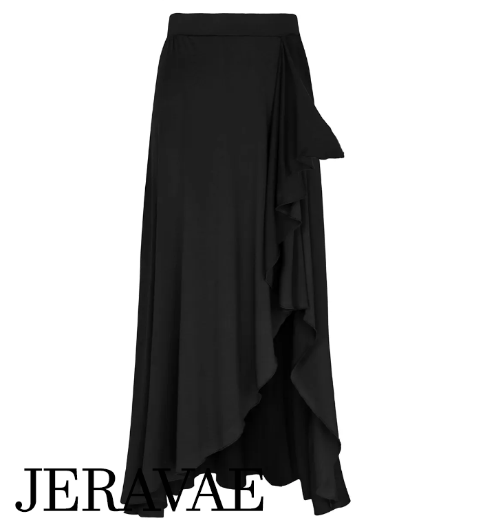 Asymmetrical dance skirt in Black with side slit and ruffle sash at top of slit