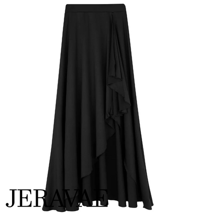 An asymmetrical flowy Latin and Social Dance skirt with a ruffle sash running along slit on the front side