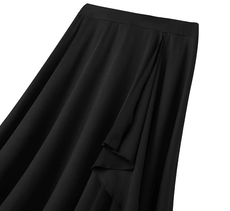Close up of ruffle sash along top of slit of black latin and social dance skirt
