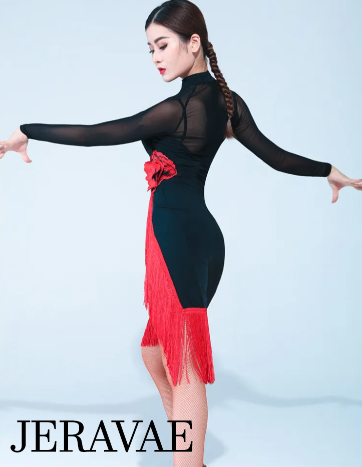 long sleeved black latin dress with red lace Appliqué flower detail and fringe hem