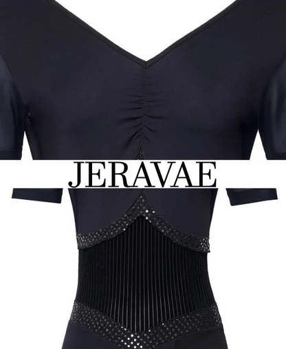 ribbed velvet corset waist and mesh long sleeves on black ballroom dress
