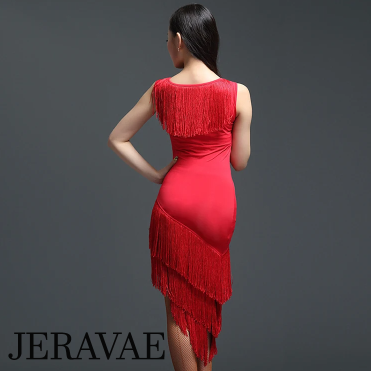 Sleeveless Red Latin Practice Dress with Fringe and Asymmetrical Hem PRA 1083_sale