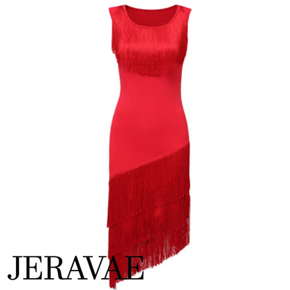 Sleeveless Red Latin Practice Dress with Fringe and Asymmetrical Hem PRA 1083_sale
