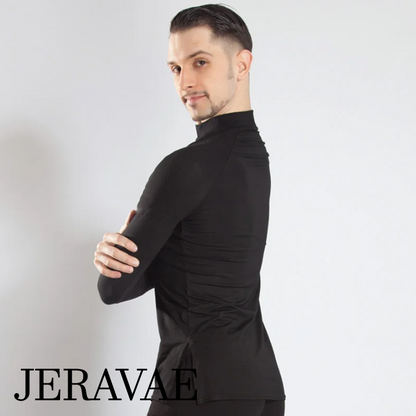 Men's Sleek Black Tuck Out Style Latin Dance Shirt with High Collar and Long Sleeves M093 in Stock