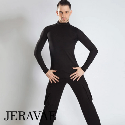 Men's Sleek Black Tuck Out Style Latin Dance Shirt with High Collar and Long Sleeves M093 in Stock