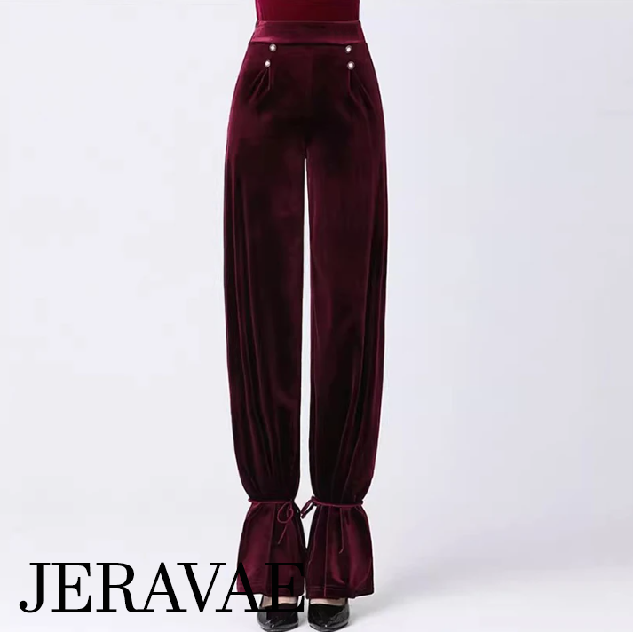Velvet Practice or Teaching Pants with High Waistband and Ankle Ties Available in Black and Wine Red PRA 1102 in Stock