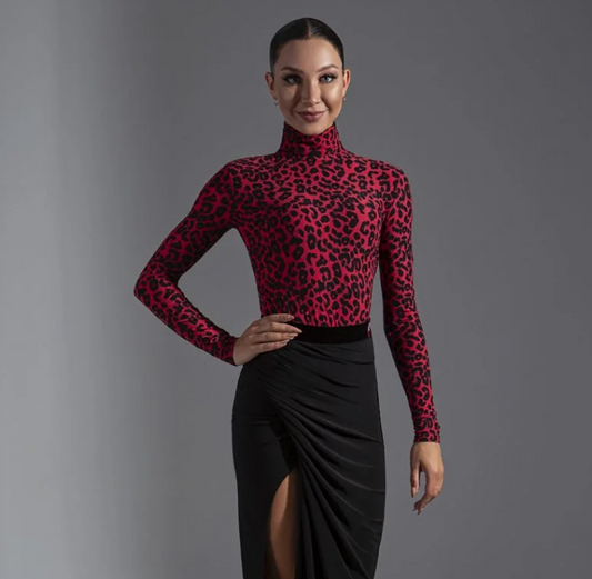 Women's Red Cheetah Print Turtleneck Practice Top Pra 1191_SALE